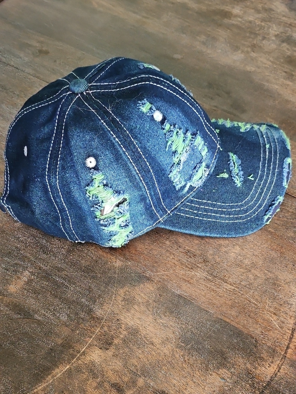 NWT Denim Distressed Baseball Cap With Lime Green Accents - Picture 3 of 4